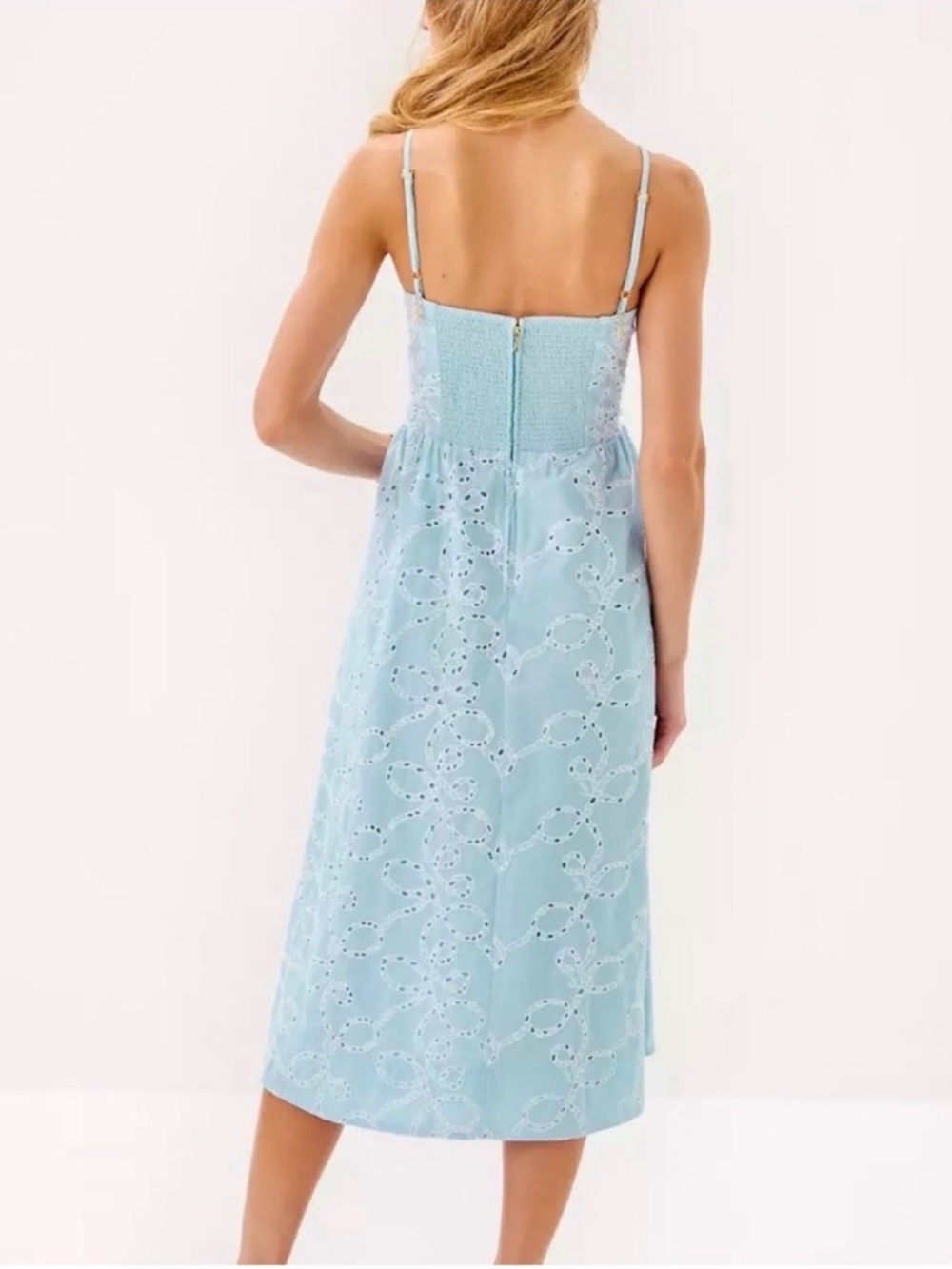 Lilly Pulitzer Pale Blue Eyelet Midi Dress with Smocked Back